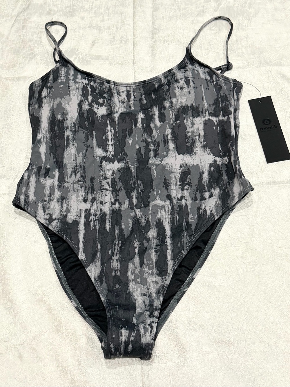 Mono B Abstract Print One Piece Swimsuit Gray Black Medium NWT Modern Swimwear